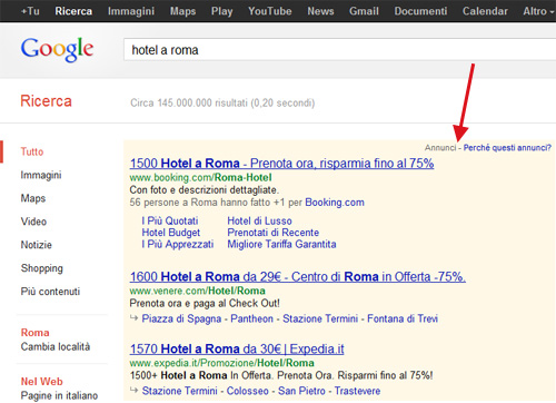 Annunci Google Adwords hotel a roma