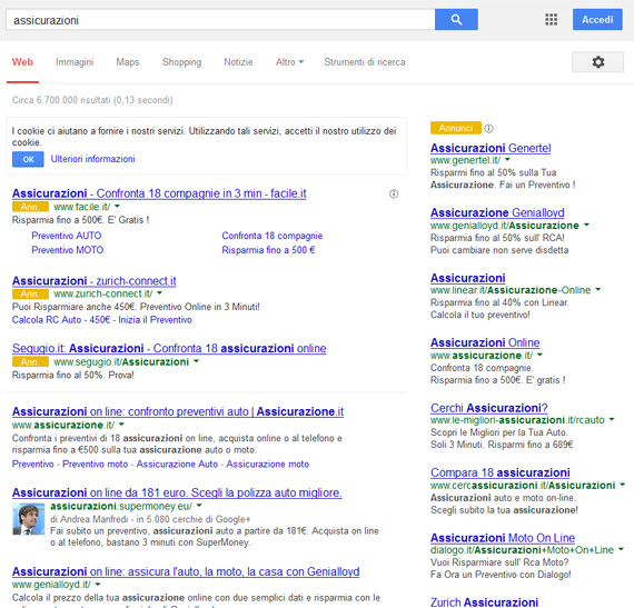 Annunci Google Adwords assicurazioni nuova grafica sfondo bianco bottone giallo Ann
