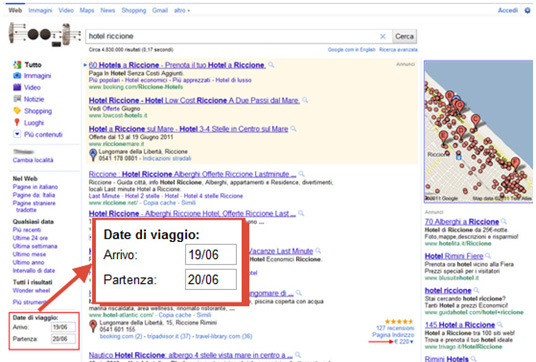 Date di Viaggio su Google Italia in SERP per Hotel (09/06/2011)