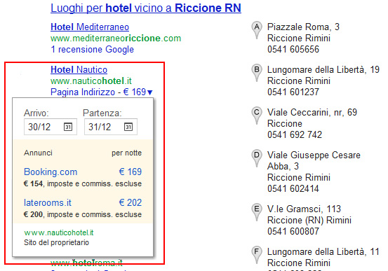 Tendina Date di Viaggio Google SERP Locale