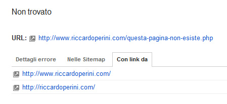 Errore 404 Google Webmaster Tools con link da