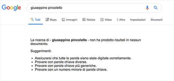Giuseppino Pincolello, prima del test zero risultati su Google