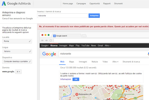 Google Adwords anteprima annunci località