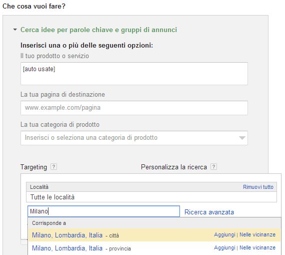 Google Adwords Keyword Planner targeting città