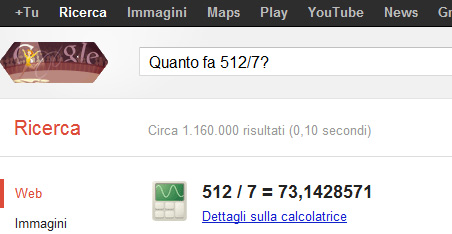 Box calcolatrice su Google (Quanto fa 512 diviso 7?)