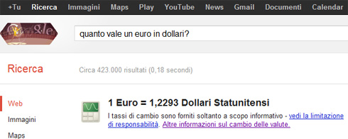 Box conversione da euro a dollaro su Google (Quanto vale un euro in dollari?)