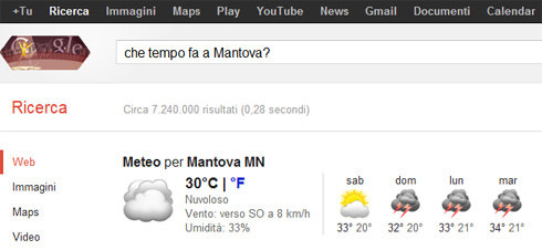 Box previsioni meteo su Google (Che tempo fa a Mantova?)