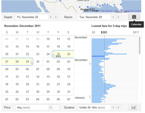 Google Flight Search, calendario ricerca voli aerei