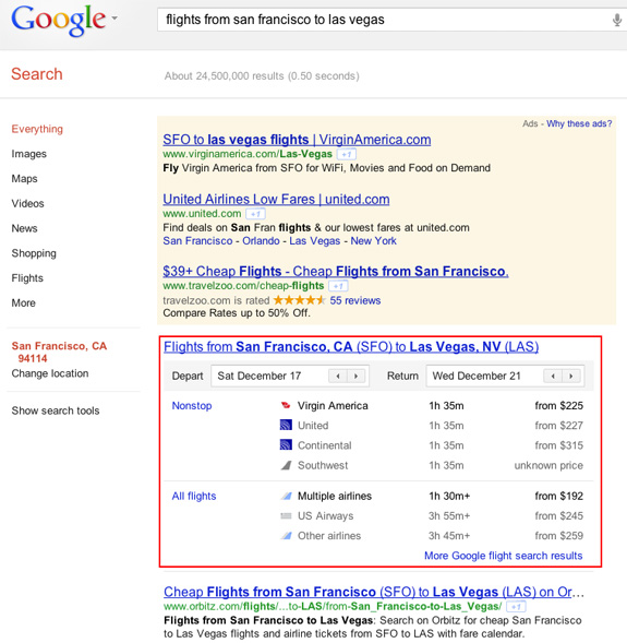 Google Flight Search in SERP su google.com