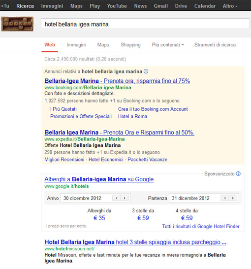 Google Hotel Finder in serp in Italia su google.it