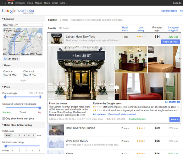 Google Hotel Finder, scheda albergo