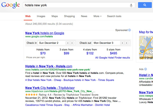 Google Hotel Finder sponsorizzato in SERP (23/11/2012)