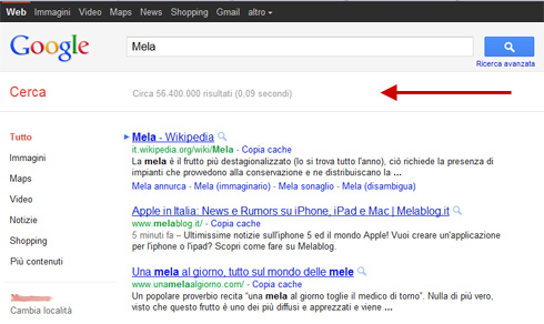 Numero di risultati della ricerca su Google (nuovo layout, 08/09/2011)