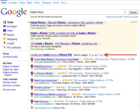 Google Date di Viaggio di fianco box Google Places (Hotel Rimini)