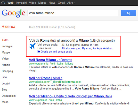 Google ricerca voli aerei in SERP
