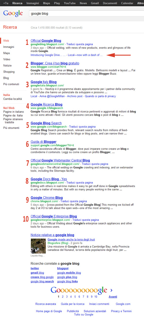 SERP Google con 10 risultati organici (e sitelink in linea)