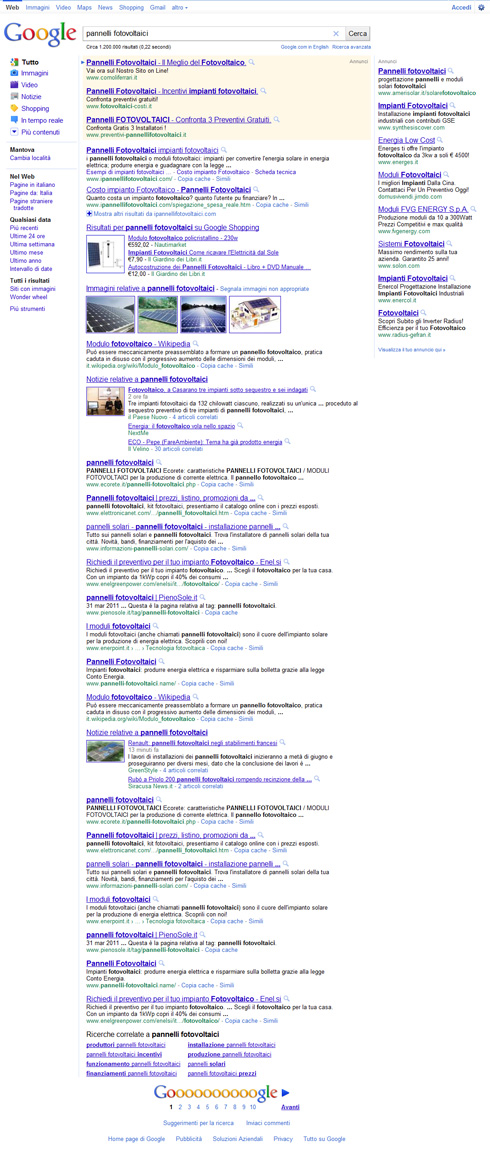 SERP lunga Google, ricerca pannelli fotovoltaici (31/05/2011)