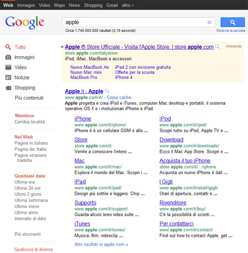 Google sitelinks giganti con title, url e descrizione