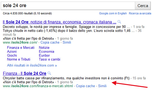 Google description con link per categoria Finanza Sole 24 Ore (06/05/2011)