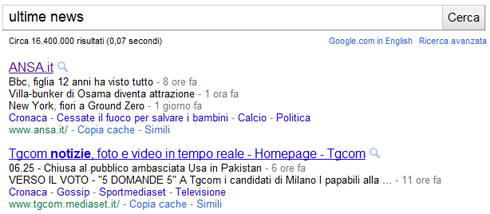 Google snippet per la ricerca "ultime news" (04/05/2011)