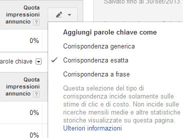 Keyword Planner Google, chiavi corrispondenza esatta