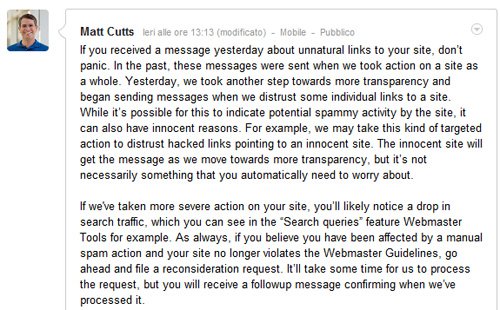 Link non naturali: Messaggio di Matt Cutts su Google+ 20/07/2012