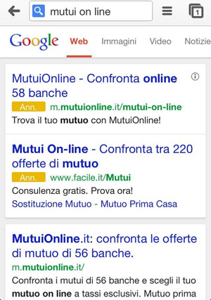 Annunci Adwords mobile sfondo bianco scritta Ann gialla (mutui on line)