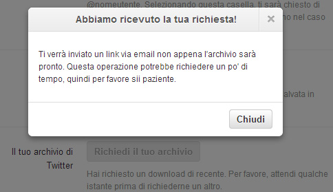 Richiesta archivio tweets