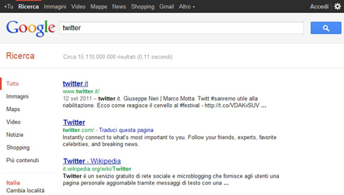 Twitter.it e Twitter.com, risultati ricerca google.it